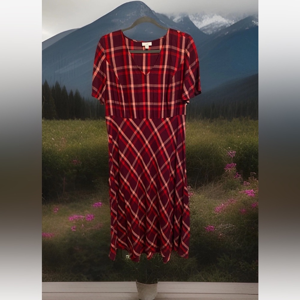 J. Jill Red and Burgundy Checkered Midi Dress